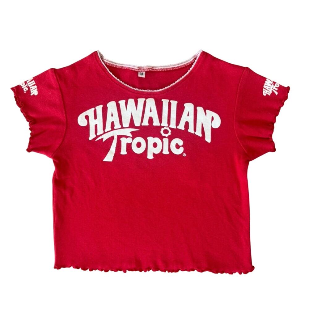 Hawaiian Tropic Baby Tee Y2K Crop Top Red Graphic Fitted Short Sleeve Medium (M)